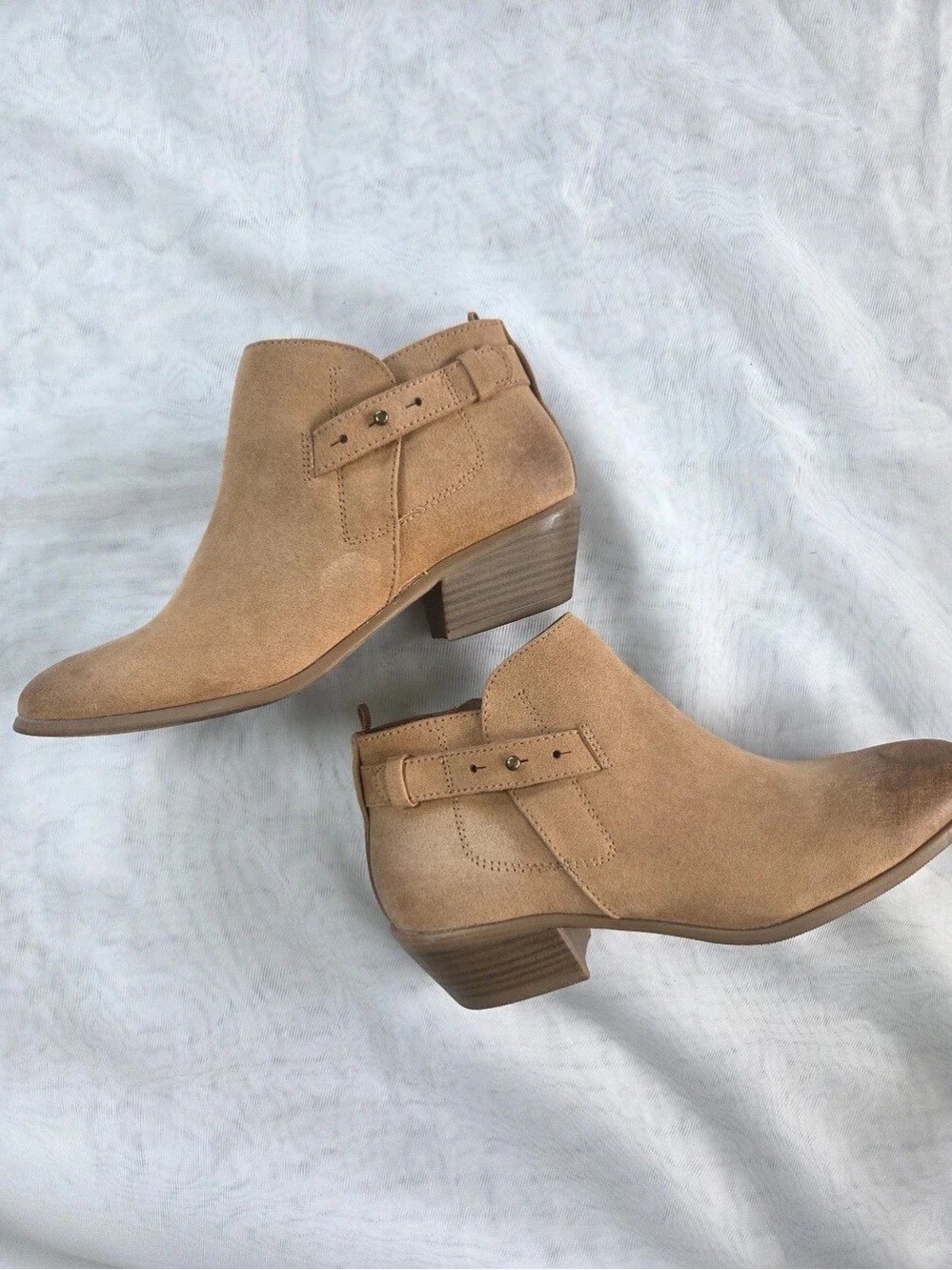Women's Tan Suede Ankle Booties with Low Block Heel